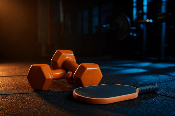 Orange dumbbells and a pickleball paddle on a dark gym floor with cinematic orange and blue lighting
