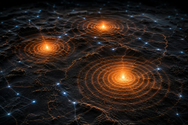 Abstract visualization of broadcast signal pulses radiating over test markets