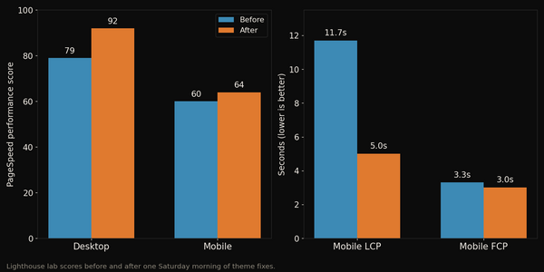 Chart of PageSpeed scores and mobile LCP before and after the theme fixes