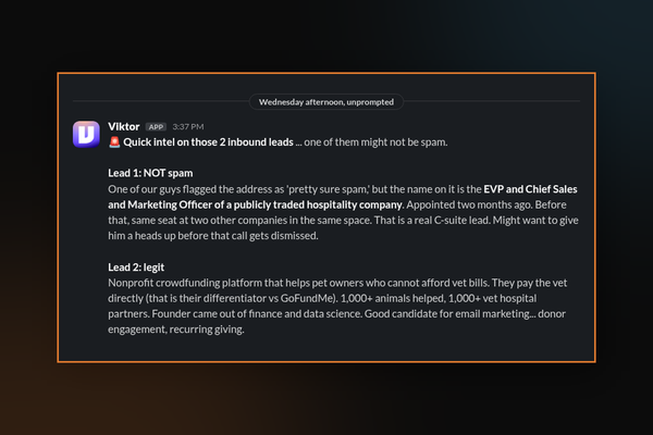 Slack alert where an AI coworker flagged an inbound lead as a real C-suite executive