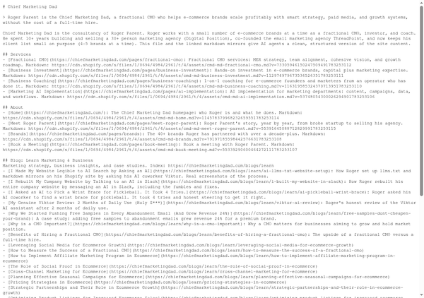 Screenshot of the live llms.txt file built by Viktor on chiefmarketingdad.com