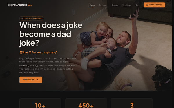 The rebuilt Chief Marketing Dad homepage, dark theme with an orange accent and a family hero photo