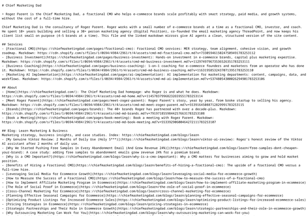 The live llms.txt file on chiefmarketingdad.com showing curated content for AI search engines