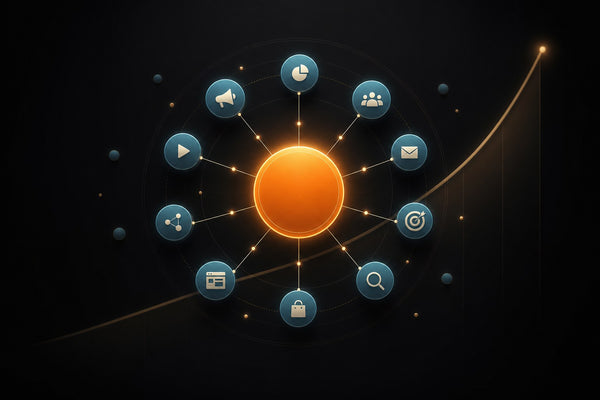 A central orange hub representing a CMO orchestrating connected marketing channels, with an upward growth curve