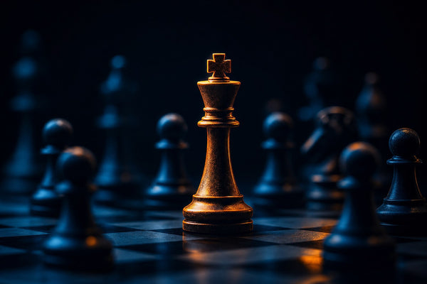 A single illuminated king chess piece standing among shadowed pawns, representing marketing leadership